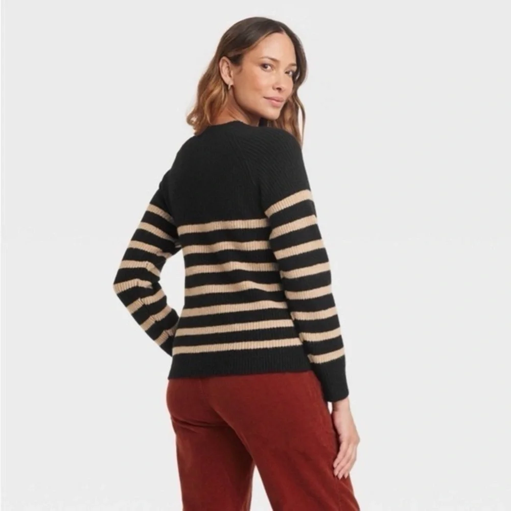Knox Rose Black & Tan Striped Ribbed Sweater | XS